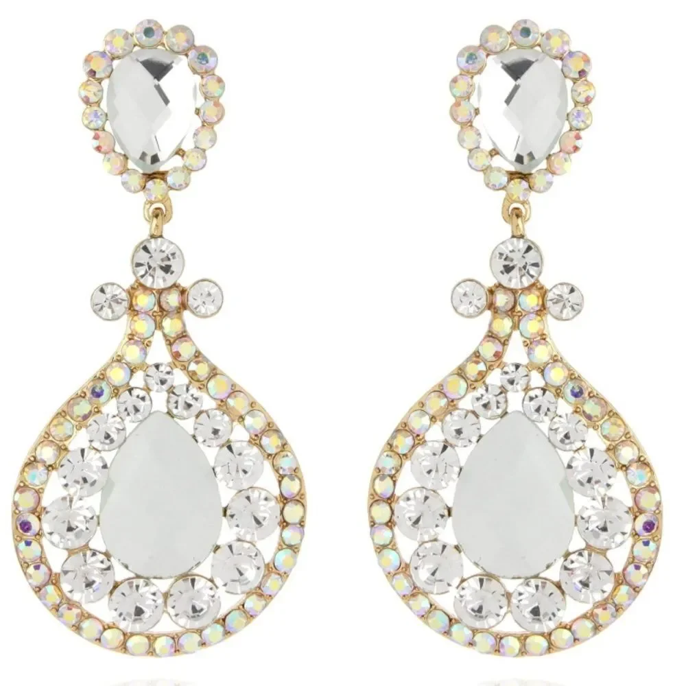 Yellow Gold with Diamond and AB Austrian Crystal Chandelier Clip On Earrings